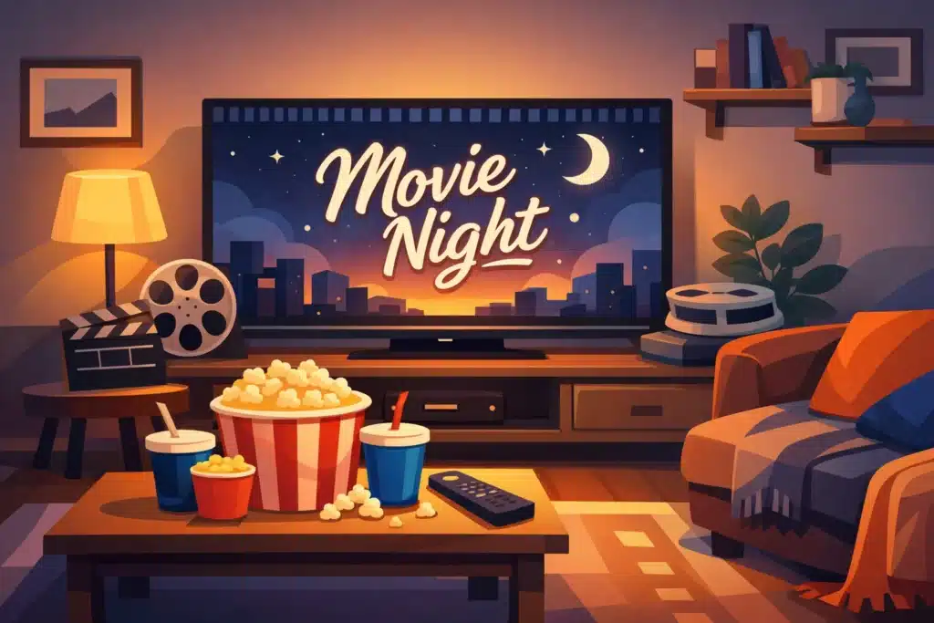 Illustration of a cozy living room with a glowing widescreen TV showing a streaming interface, a comfortable sofa, a bowl of popcorn and a remote on a coffee table.