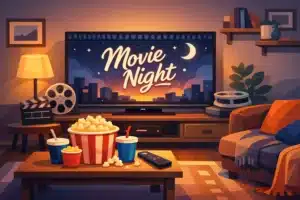 Illustration of a cozy living room with a glowing widescreen TV showing a streaming interface, a comfortable sofa, a bowl of popcorn and a remote on a coffee table.