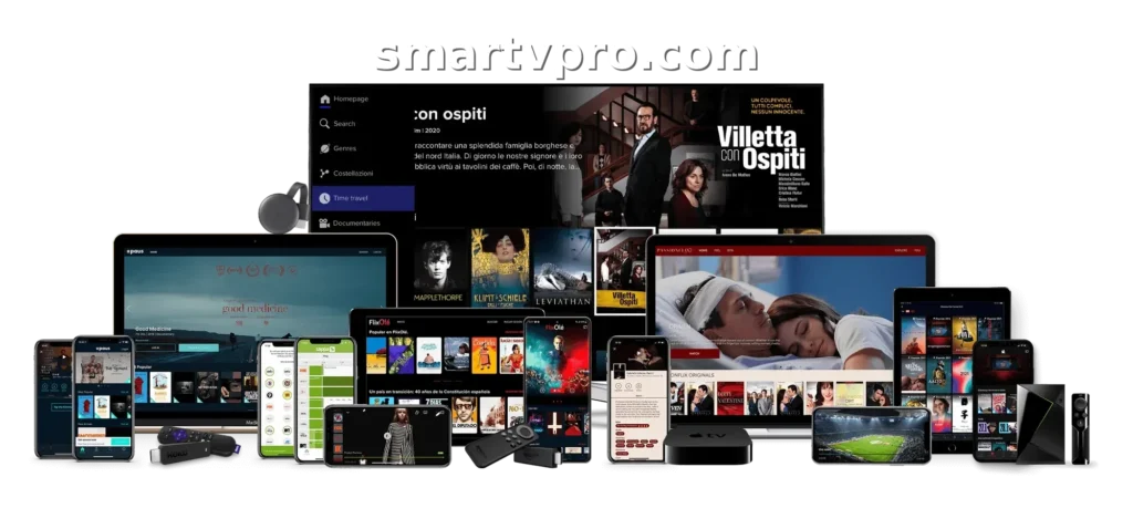 ollage of streaming devices (smartphone, tablet, and TV) showing movies, series and adult content..Premium IPTV contact us