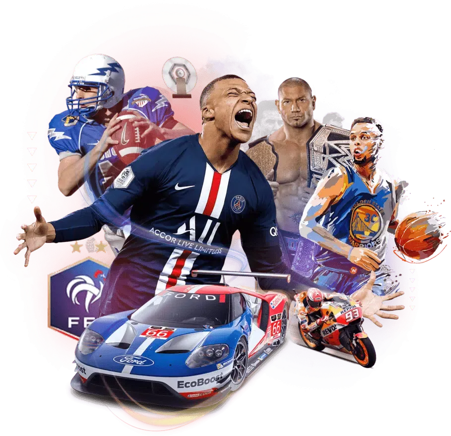 A dynamic collage of sports including football, soccer, basketball, wrestling and motor racing.