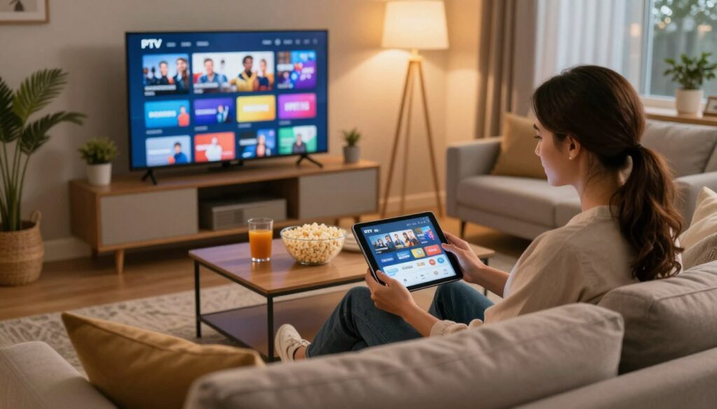 A cozy living room setting that represents affordability and comfort, featuring a sleek flat-screen TV displaying a vibrant IPTV interface. In the foreground, a couple in professional casual attire sits on a stylish couch, attentively browsing through various IPTV packages on a tablet. The middle ground showcases an inviting coffee table adorned with popcorn and refreshments, highlighting a family-friendly atmosphere. In the background, soft ambient lighting casts a warm glow, enhancing the relaxed mood of a typical American household. The image captures a sense of convenience and satisfaction associated with affordable IPTV services, all while maintaining a modern, inviting aesthetic. The angle is a slightly elevated view, creating an intimate yet expansive feel within the room, inviting viewers into the scene.