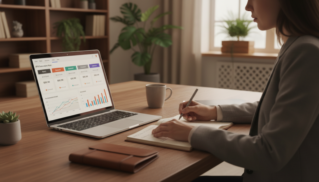 A detailed, visually appealing composition showing a customer comparing IPTV prices on a sleek laptop at a modern desk. In the foreground, the laptop screen displays various IPTV subscription plans with graphs and charts illustrating price differences. In the middle ground, a thoughtful individual, dressed in professional business attire, studies the options, with a notepad and pen beside them. The background features a cozy, well-lit room with bookshelves and potted plants, creating a professional yet inviting atmosphere. The lighting is warm and bright, emphasizing focus and clarity. The scene captures a sense of determination and analytical thinking, perfect for illustrating the topic of IPTV pricing comparison.
