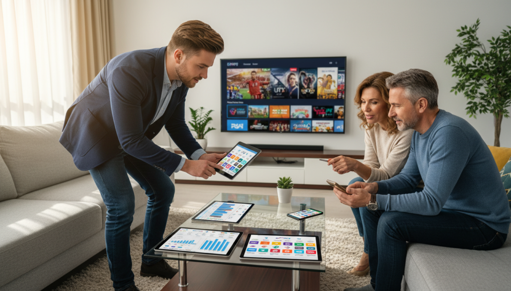 A dynamic comparison scene showcasing IPTV services, with a modern living room as the foreground. In the center, a sleek coffee table displays colorful tablets and smartphones showing various IPTV service icons and pricing charts. To the left, a young professional, dressed in smart casual attire, is intently analyzing the charts, while a middle-aged couple on the right examines their own device with curiosity. The background features a large television displaying an array of streaming options in a vibrant living room setting, illuminated by warm, natural light filtering through a window. The mood is informative and modern, highlighting the appeal of cutting-edge technology in everyday life.