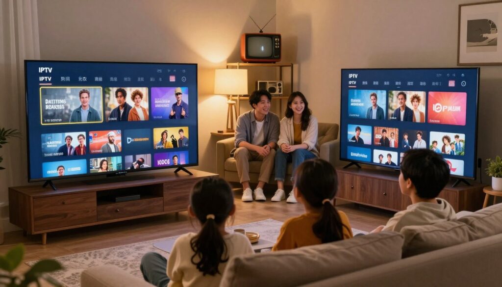 A dynamic living room scene showcasing the evolution of television in the United States through IPTV technology. In the foreground, a sleek modern television displays a vibrant interface with various streaming channels, highlighting the IPTV experience. In the middle ground, a family of four, dressed in comfortable yet stylish casual attire, is gathered on a stylish couch, immersed in a show, embodying a sense of togetherness and enjoyment. The background features a shelf adorned with nostalgic items representing traditional cable television, merging the old and new. The room is warmly lit with soft ambient lighting, creating a cozy atmosphere. Shot from a slightly elevated angle to capture the interaction between the family and the television, reflecting modern entertainment's role in everyday life.