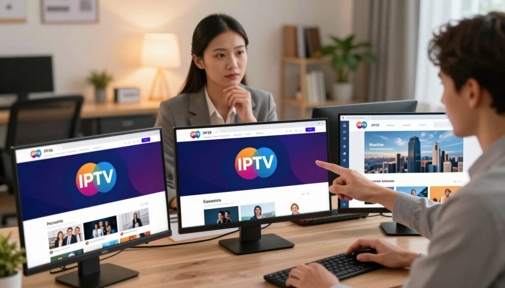 A modern digital workspace showcasing a vibrant comparison of various IPTV services. In the foreground, three sleek, high-resolution screens display user interfaces of different IPTV platforms, each with colorful logos and unique layouts. The middle ground features a professional-looking person in business attire, pointing at the screens with a thoughtful expression, symbolizing analysis and comparison. The background is a softly blurred office environment bathed in warm lighting, creating a welcoming atmosphere, with a plant and bookshelves hinting at a knowledge-driven space. A high-angle perspective captures the scene, emphasizing the focus on the IPTV options while maintaining a professional and inviting mood, ideal for exploring the current market for IPTV services in the USA in 2026.