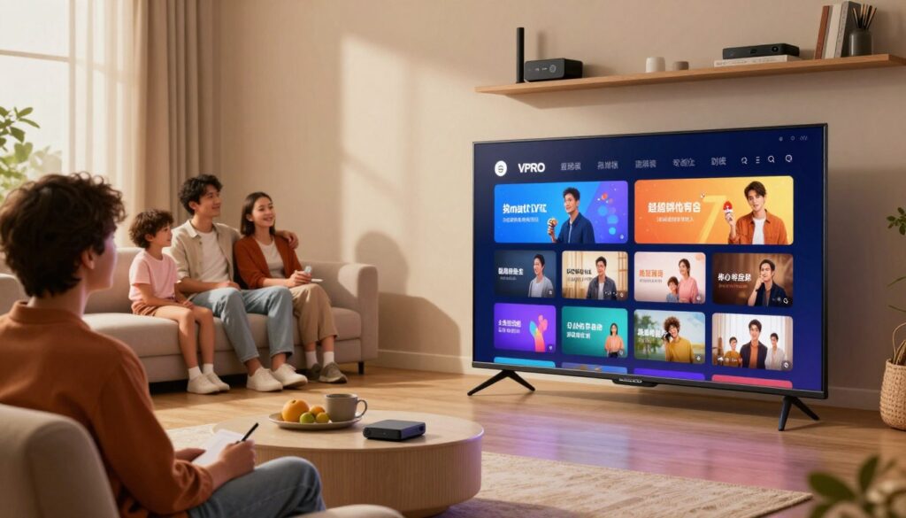 A modern home entertainment setup showcasing the SmartVPRO internet protocol television. In the foreground, a sleek SmartVPRO TV displays vibrant, high-definition visuals of streaming content, reflecting a diverse range of channels and programs. In the middle ground, a stylish, comfortable living room with contemporary furniture enhances the inviting atmosphere, illuminated by soft, warm lighting. A family appears engaged, dressed in smart casual attire, enjoying their viewing experience, sitting on a plush sofa. The background features a well-decorated room with shelves holding digital streaming devices and accessories. The overall mood is relaxed and enjoyable, emphasizing a cutting-edge IPTV experience with a focus on quality and innovation.