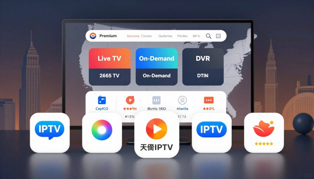 A modern infographic depicting a comparison of premium IPTV services in the USA. In the foreground, sleek, colorful icons represent various IPTV service providers, each with distinctive features like pricing, channel selection, and user ratings. The middle ground showcases a stylized digital screen displaying a user-friendly interface with options like 'Live TV', 'On-Demand', and 'DVR'. In the background, a subtle outline of iconic American landmarks, symbolizing the reach of these services nationwide. The scene is illuminated with soft, ambient lighting to create a professional, informative atmosphere, captured from an eye-level angle to engage viewers effectively. The overall mood conveys clarity and accessibility within the complex landscape of IPTV solutions in the USA.