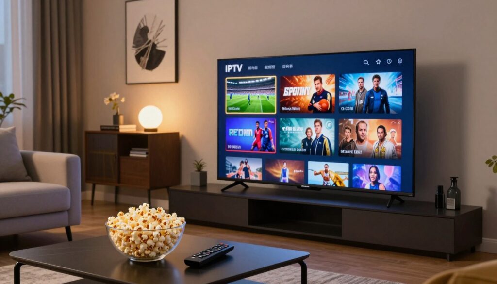 A modern living room featuring a sleek, large flat-screen TV displaying a vibrant array of IPTV channels, including sports, movies, and documentaries. In the foreground, a stylish coffee table holds a remote control and a bowl of popcorn, suggesting a cozy movie night. In the background, soft lighting illuminates the room, casting a warm and inviting glow. The walls are adorned with tasteful artwork that reflects a contemporary aesthetic. The overall atmosphere is relaxed and welcoming, highlighting the enjoyment of a premium IPTV service. The scene is captured from a slightly elevated angle, providing a panoramic view of the entertainment setup, emphasizing the quality and richness of the viewing experience.