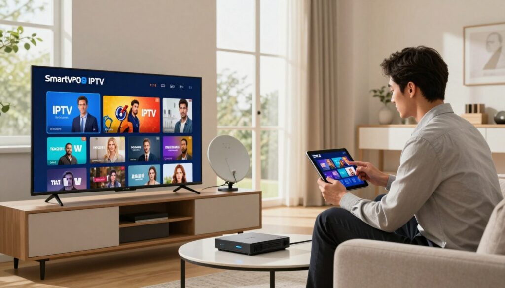 A modern living room scene showcasing a side-by-side comparison of IPTV services and traditional cable and satellite options. In the foreground, a sleek television displays a vibrant interface of the SmartVPRO IPTV service, with colorful thumbnails of various channels. To the side, a traditional cable box and a satellite dish sit on a stylish entertainment console, illustrating the contrast. In the middle ground, a professional-looking individual in business attire is seated on a contemporary sofa, thoughtfully comparing streaming options on a tablet. The background features large windows with soft, natural light streaming in, enhancing a warm and inviting atmosphere. Use a wide-angle lens to capture the full scene while maintaining clear details. The overall mood is one of informed decision-making and modern convenience.