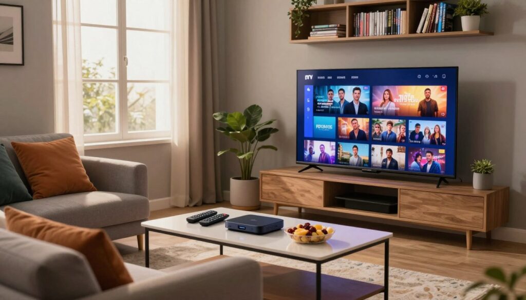 A modern living room scene showcasing a sleek, high-definition television displaying vibrant IPTV streaming content. In the foreground, a cozy sofa with colorful cushions invites viewers to enjoy a relaxing entertainment experience. A stylish coffee table hosts remote controls, a streaming device, and snacks for a movie night ambiance. In the middle ground, a window with soft, natural light filters into the room, enhancing the inviting atmosphere. The background features a wall-mounted bookshelf filled with DVDs and plants, adding a homey touch. The scene captures a feeling of convenience and excitement, illustrating the ease of accessing diverse content through IPTV. The lighting is warm and soft, creating a welcoming, intimate mood, with an angle that emphasizes both the technology and the comfort of the home environment.