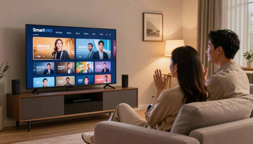 A modern living room setting showcasing an IPTV service experience. In the foreground, a sleek smart TV displays vibrant streaming content, glimmering under warm ambient lighting. To the side, a well-dressed professional couple sits comfortably on a stylish sofa, their expressions engaged and impressed, reflecting satisfaction in their entertainment choice. In the middle ground, a high-tech media console with various devices hints at the advanced technology behind the SmartVPRO service. The background features a tastefully decorated wall with subtle decor, creating a cozy yet sophisticated atmosphere. The overall mood emphasizes innovation and reliability, with soft, diffused lighting to enhance the inviting scene. The perspective is shot from an angle that captures both the couple's enjoyment and the impressive TV screen, emphasizing the seamless integration of technology into daily life.