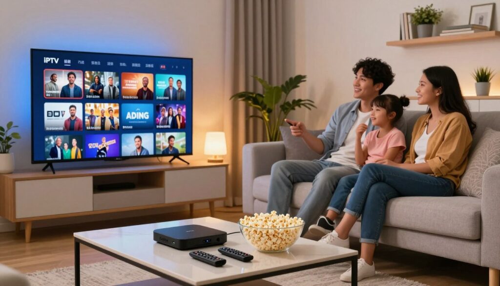 A modern living room setting, with a sleek, flat-screen television streaming a diverse selection of IPTV content. In the foreground, a stylish coffee table is adorned with streaming devices, remote controls, and a bowl of popcorn, inviting a cozy atmosphere. In the middle ground, a family of three, dressed in smart casual attire, is gathered on a comfortable sofa, engaged in selecting a show, showcasing the interactive experience of customizing their viewing options. The background features soft, ambient lighting and a few decorative elements like houseplants and shelves with books, creating a warm and inviting environment. The mood is relaxed, emphasizing family bonding and the excitement of exploring premium subscription plans for an enriched IPTV experience.