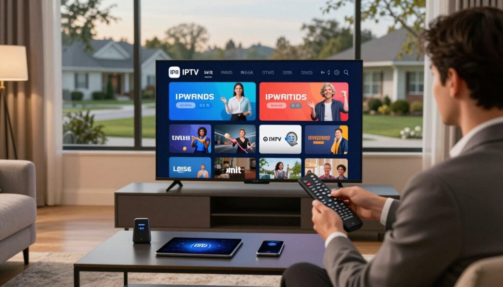 A modern living room setting, with a sleek, high-definition television at the center displaying vibrant streaming content. In the foreground, a professional-looking individual in business attire holds a remote with a confident expression, showcasing their satisfaction with the service. The mid-ground features a stylish coffee table with smart devices like a tablet and smartphone, signifying advanced technology integration. Ambient, warm lighting creates a cozy and inviting atmosphere, while a large window in the background reveals a serene neighborhood, hinting at a suburban USA context. The overall mood is one of reliability and quality, emphasizing the superiority of an IPTV service that enhances the viewer's entertainment experience.