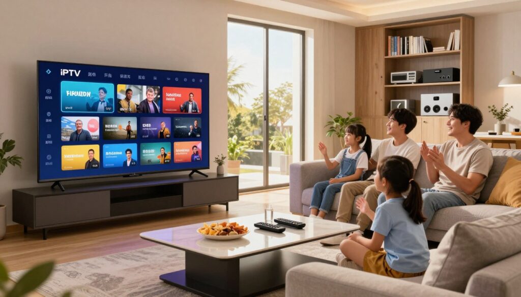 A modern living room showcasing a large, sleek flat-screen TV displaying a vibrant IPTV interface with various streaming options. In the foreground, a stylish coffee table holds snacks and remote controls. A cozy sofa features a family of four, dressed in comfortable casual clothing, engaged and watching content. In the middle, a window reveals a sunny day, illuminating the space with warm, inviting light. The background features contemporary decor and a bookshelf filled with technology-related books and media equipment, representing the evolution of IPTV. The atmosphere is lively and familial, capturing the excitement of watching high-quality streaming content together. Use a wide-angle lens for a spacious feel.