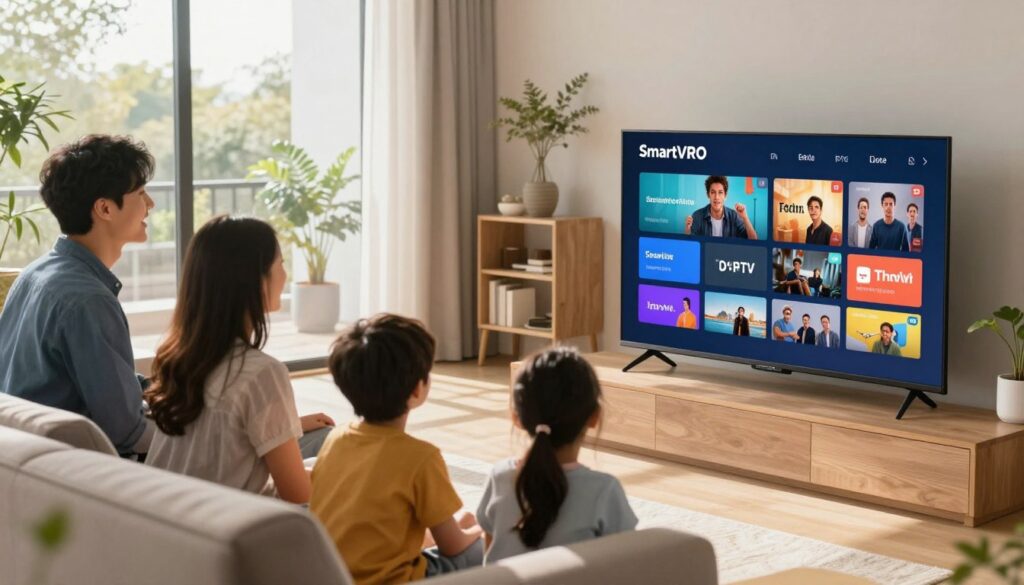 A modern living room showcasing the concept of a reliable IPTV subscription. In the foreground, a sleek smart TV displays a vibrant interface with various channels, emphasizing user-friendly navigation. In the middle, a family of four, dressed in smart casual attire, enjoys watching a movie together, radiating joy and connection. Sunlight streams through a large window, creating a warm, inviting atmosphere. The background features stylish furniture and decor, enhancing the cozy feel of the space. The scene is captured with a soft focus effect, drawing attention to the family and the TV screen, while keeping a bright, cheerful color palette to symbolize the enhanced viewing experience that SmartVPRO offers.