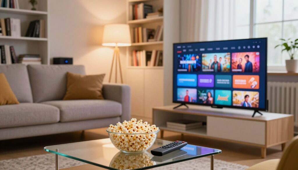 A modern living room showcasing the concept of internet protocol television (IPTV). In the foreground, a sleek television displaying vibrant streaming content, with a stylish remote control and a bowl of popcorn on a glass coffee table. In the middle, a cozy couch arranged for movie viewing, illuminated by soft ambient lighting from a nearby floor lamp. In the background, bookshelves filled with technology books and a subtle hint of a digital media server. The scene emphasizes a relaxed, inviting atmosphere perfect for family entertainment. Warm colors dominate the setting, creating a sense of comfort and modernity. A wide-angle perspective adds depth, with natural light filtering through a window, enhancing the homey feel of the space.
