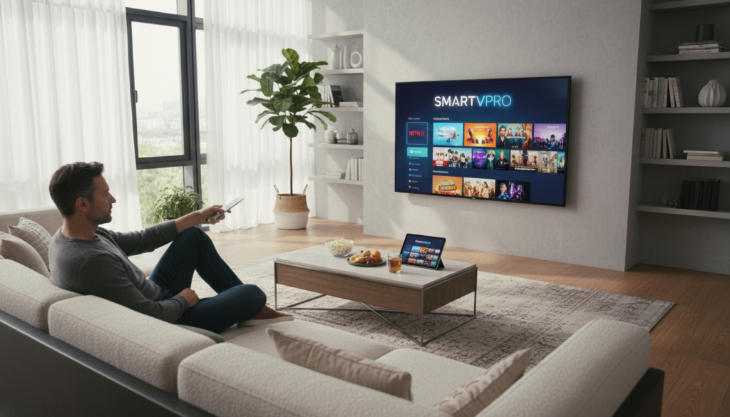 A modern living room showcasing the evolution of home entertainment with IPTV. In the foreground, a sleek smart TV displays a vibrant interface of the SMARTVPRO IPTV service, with vivid colors and easy navigation. A professional individual, dressed in smart casual attire, sits comfortably on a cozy couch, holding a remote control and engaged in streaming a movie. In the middle ground, a stylish coffee table is adorned with snacks and a tablet showing various streaming options. The background features a well-lit room with contemporary decor, soft natural light streaming through large windows, enhancing the inviting atmosphere. Capture the sense of advanced technology and a relaxed viewing experience, using a slightly angled perspective to provide depth.
