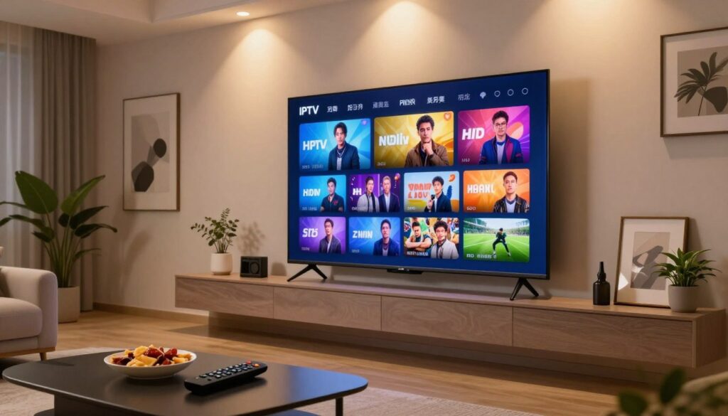 A sleek, modern living room featuring a high-definition television displaying vibrant, colorful content from premium HD channels. In the foreground, a stylish coffee table holds a remote control and snacks, inviting a sense of relaxation. The middle layer showcases a large, flat-screen TV mounted on the wall, showcasing a dynamic array of shows, movies, and sports highlights, all displayed in crystal-clear quality. The background includes tasteful decor like framed artwork, potted plants, and ambient lighting creating a cozy atmosphere. Soft, warm lighting from ceiling fixtures enhances the inviting mood, suggesting a perfect evening of entertainment. The angle is from a slightly elevated perspective, emphasizing the luxurious vibe of a top-notch IPTV experience without any text or distractions.
