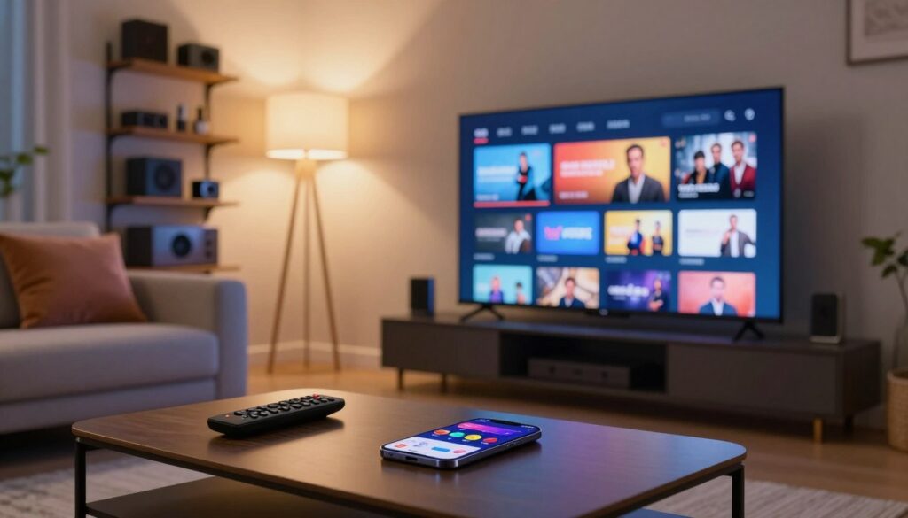 A sleek, modern living room setup showcasing a large flat-screen TV displaying a vibrant IPTV interface, highlighting popular streaming packages available in the USA. In the foreground, a stylish coffee table holds a remote control and a smartphone with a streaming app opened. In the middle ground, comfortable seating with plush cushions invites relaxation, while ambient lighting from floor lamps creates a warm, welcoming atmosphere. In the background, shelves display neatly arranged tech gadgets and movies, emphasizing a high-tech lifestyle. The scene should evoke a sense of convenience and enjoyment, with soft focus on the background details and a slight lens flare to enhance the visual appeal. The overall mood is inviting and engaging, depicting the ultimate streaming experience in 2026.