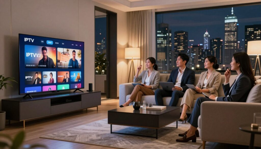 A sleek, modern living room showcasing a premium IPTV service experience. In the foreground, a stylish entertainment center with a large, high-definition TV displaying vibrant streaming content. The middle layer features a comfortable sofa with a diverse group of people, dressed in professional business attire, engrossed in watching a thrilling program together. Soft, ambient lighting casts a warm glow throughout the room, enhancing the inviting atmosphere. In the background, a window reveals a picturesque night skyline of a bustling city, highlighting the connection to modern technology. The scene conveys excitement and camaraderie, emphasizing the future of entertainment through cutting-edge IPTV services.