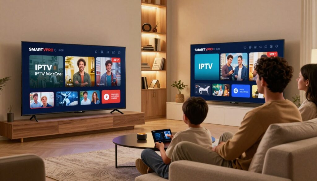 A sleek, modern living room with a large flat-screen television displaying the SMARTVPRO logo prominently in the foreground, showcasing its user-friendly interface. In the middle, a diverse group of three individuals—two men and one woman—are seated comfortably on a stylish sofa, engaging with the IPTV service on their device, all dressed in smart casual attire. The background features a cozy ambiance with soft lighting, highlighting a bookshelf and decorative elements that suggest a welcoming entertainment space. The scene is well-lit with warm tones, creating an inviting atmosphere for family or friends enjoying their favorite IPTV content. The overall feel is contemporary and professional, conveying a sense of premium viewing experience.