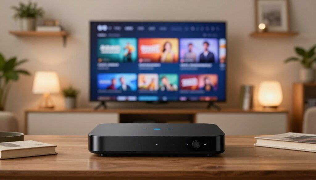A sleek, modern streaming device sits prominently in the foreground, surrounded by a cozy living room setup. The device features a glossy black finish with subtle LED indicators, showcasing its advanced technology. In the middle ground, a large flat-screen TV displays vibrant IPTV content, surrounded by minimalistic shelves adorned with books and decorative plants for a warm ambiance. The background reveals soft ambient lighting coming from stylish lamps, creating a welcoming atmosphere. To emphasize the premium feel, use a shallow depth of field to focus on the device while softly blurring the surrounding elements. The overall mood is inviting and tech-savvy, reflecting an ideal environment for enjoying IPTV entertainment seamlessly.