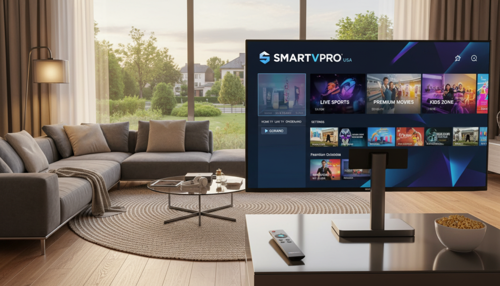 A stylish living room scene highlighting the concept of a premium IPTV subscription. In the foreground, a sleek smart TV displays a dynamic user interface with vibrant streaming options, emphasizing easy navigation. To the side, a modern remote control rests on a glass coffee table adorned with tech devices and a bowl of popcorn. In the middle ground, a comfortable sofa with plush cushions invites viewers into the space. Soft, ambient lighting from a contemporary floor lamp casts a warm glow, enhancing the relaxed atmosphere. In the background, large windows reveal a suburban view, adding an inviting touch. The overall mood is cozy and upscale, reflecting the luxury of subscribing to SMARTVPRO IPTV in the USA, focusing on entertainment and user-friendly technology.