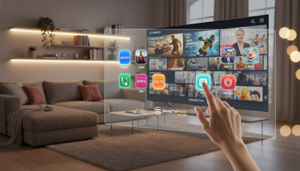 A user-friendly IPTV interface showcasing a sleek, modern design. In the foreground, a hand interacts with a high-definition touchscreen displaying vibrant icons for channels and streaming options, emphasizing a seamless user experience. The middle layer features a sleek television set with a bright screen, filled with colorful previews of content categories like movies, sports, and news. In the background, a stylish living room setting is visible with subtle ambient lighting, designed for a cozy viewing environment. The mood is inviting and tech-savvy, resonating with the innovative spirit of SMARTVPRO IPTV USA. The image captures clarity and warmth, emphasizing user engagement and accessibility without any text or distractions.