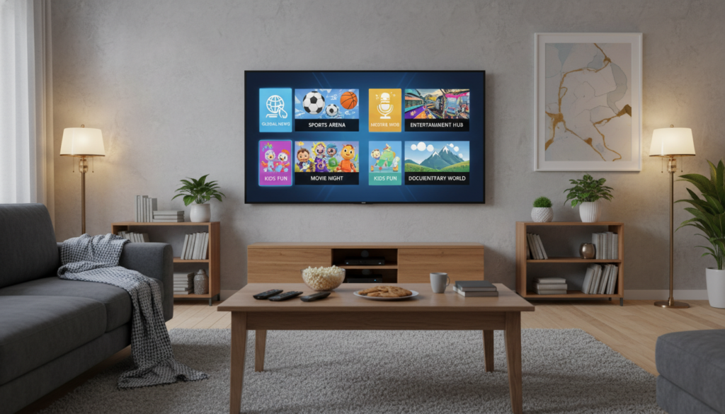 A vibrant and detailed image showcasing a diverse lineup of high-quality IPTV channels on a large, modern smart TV displayed in a cozy living room setting. In the foreground, the TV screen prominently shows colorful thumbnails of various channels, including news, sports, movies, and entertainment content, each visually distinct and appealing. The middle ground features a stylish coffee table cluttered with remote controls and snacks, adding a homey feel. In the background, the room decor is inviting, with soft lighting emanating from elegant floor lamps, creating a warm and relaxing atmosphere. The angle captures the entire room, emphasizing the focal point of the smart TV, without any text or overlays. The mood should be engaging and familial, conveying the excitement of exploring an extensive IPTV channel lineup.