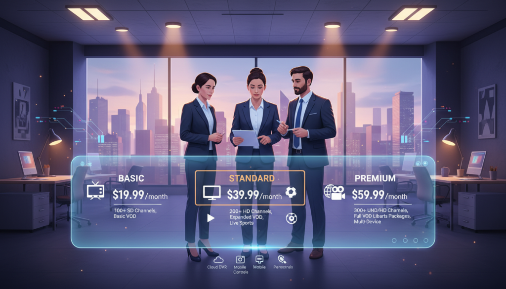 A visually engaging illustration of IPTV subscription pricing, featuring a well-organized layout with price tiers displayed prominently. In the foreground, a sleek digital screen showcases various pricing plans with icons for different features like HD channels, VOD, and live sports. The middle ground includes a diverse group of professional individuals in business attire engaged in discussion, looking at a tablet displaying IPTV pricing details. In the background, a modern office space with soft ambient lighting creates a productive atmosphere, complemented by large windows revealing a city skyline. The overall mood is focused and informative, emphasizing the importance of understanding IPTV subscription costs in today’s digital landscape.