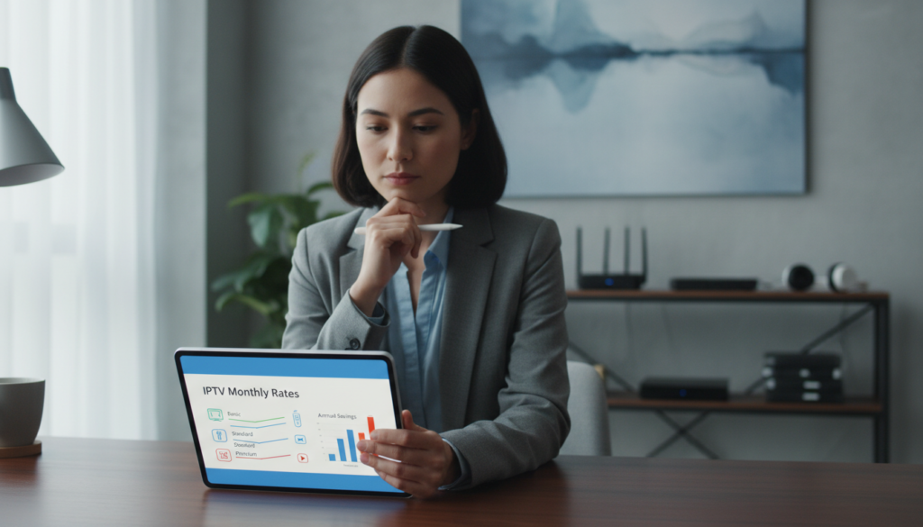 A visually engaging scene depicting the concept of IPTV monthly rates. In the foreground, a sleek, modern tablet is displayed, showing an elegant graph or chart representing various subscription prices for IPTV services, with lines and icons for clarity. In the middle ground, a professional businessperson in smart attire is examining the tablet with focused interest, suggesting a research or decision-making moment. The background features a contemporary office setting with soft, diffused lighting creating an inviting atmosphere, with shelves lined with tech gadgets. The overall mood is one of professionalism and technological advancement, conveying the smart choice of selecting the best IPTV service. The angle is slightly overhead, capturing both the tablet and the individual’s expression.