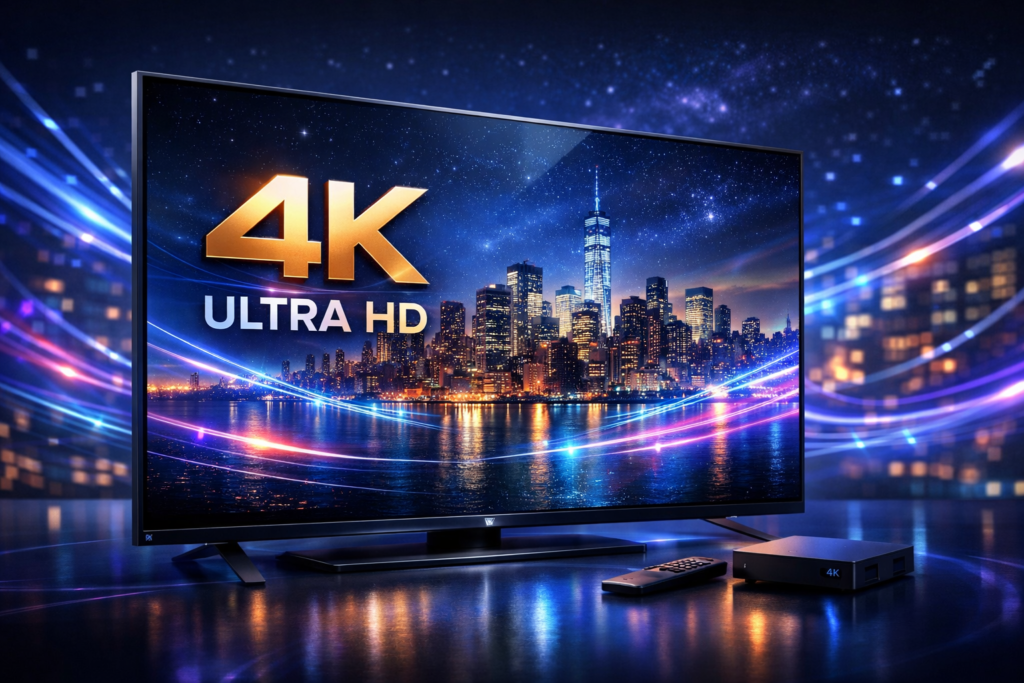 A futuristic 4K Ultra HD television displaying a sharp cityscape at night with glowing data streams, representing crystal‑clear streaming quality and advanced home entertainment.