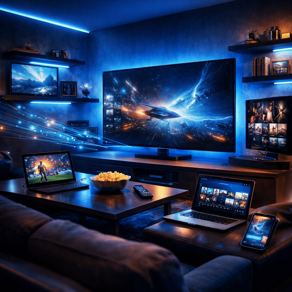 An abstract depiction of luminous data streams connecting devices in a living room, symbolizing the seamless network of IPTV services across the United States.