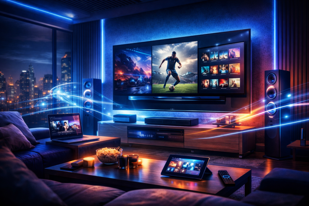 A dynamic scene featuring sports matches streaming simultaneously on a TV, laptop and tablet, showcasing multi‑device sports access in high‑definition.