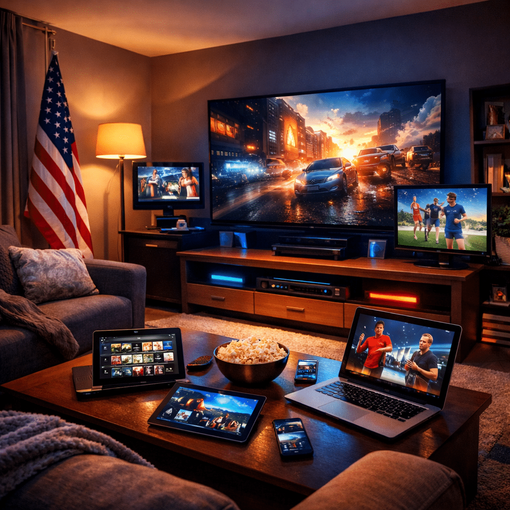 A cinematic living room illuminated by multiple screens streaming films and sports across various devices, capturing the essence of modern home entertainment in the USA.