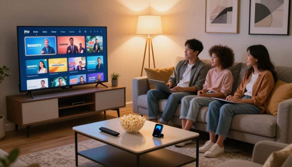 A cozy, modern living room setting showcasing a sleek flat-screen TV displaying a vibrant array of streaming content. In the foreground, a stylish coffee table with a remote control, popcorn bowl, and smart device. The middle ground features a comfortable sofa with plush cushions, while a family of three, dressed in casual yet tasteful attire, sits together, engaged and enjoying their viewing experience. The background includes warm ambient lighting from a floor lamp, enhancing the inviting atmosphere, with framed artwork on the walls reflecting a contemporary style. Capture the scene from a slightly elevated angle to emphasize the interactions, conveying a sense of comfort and connection in the world of premium IPTV services.