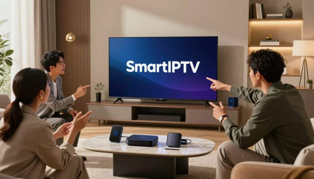 A dynamic scene showcasing a modern living room with a sleek smart TV prominently displaying the SmartIPTV logo. In the foreground, a diverse group of three professionals, dressed in smart business attire, jovially discuss and point at the screen. The middle ground features a stylish coffee table cluttered with gadgets and streaming devices, symbolizing advanced technology. The background incorporates elegant shelves with books and decorative items, creating a warm, inviting atmosphere. Soft, natural lighting filters through large windows, casting gentle shadows that enhance the cozy mood. The overall ambiance reflects a sense of innovation and connectivity in streaming options, highlighting the advantages of SmartIPTV.