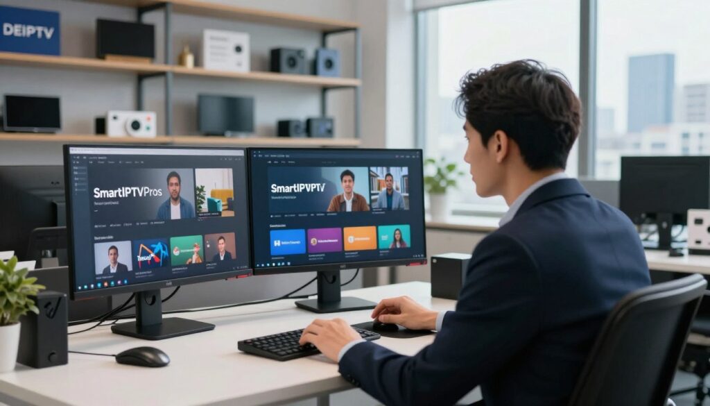 A modern IPTV service provider's office scene, featuring a sleek desk with dual monitors displaying streaming content. In the foreground, a professional-looking individual wearing business attire is engaged in a video call discussing services, exuding focus and expertise. The middle ground highlights shelves filled with tech gadgets and promotional materials for SmartIPTVPros and DEIPTV, creating an inviting and informative atmosphere. The background showcases a large window with a city skyline, allowing natural light to illuminate the room, enhancing the high-tech ambiance. The mood is professional yet approachable, conveying trust and reliability in streaming services. The shot is taken at eye level, with a slight depth of field to emphasize the subject while maintaining a vibrant office environment.