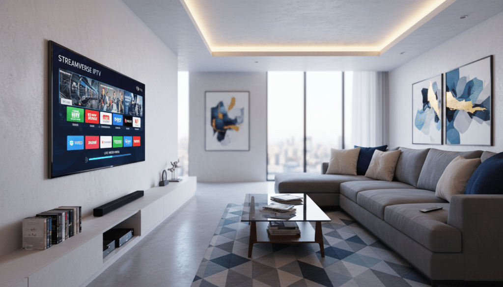 A modern living room depicting the concept of internet protocol television (IPTV) in the foreground, featuring a sleek, flat-screen TV mounted on the wall. The television displays a vibrant interface showcasing various streaming options. In the middle ground, a comfortable couch is adorned with cozy pillows, with a remote control resting on the armrest. A coffee table stacked with tech magazines in the style of contemporary decor sits nearby. The background reveals a warm, inviting ambiance with soft lighting accentuating the space, and abstract wall art enhancing the atmosphere. The overall mood is professional yet relaxed, ideal for illustrating the evolution of television technology. The composition captures a wide-angle view to convey depth and a sense of innovation in entertainment.
