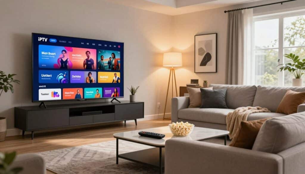 A modern living room designed for entertainment, featuring a large flat-screen TV mounted on the wall, displaying vivid streaming content with vibrant colors. In the foreground, a stylish coffee table with a remote control and popcorn, hinting at a cozy viewing experience. In the middle, a sleek couch with plush cushions, accented by a soft blanket, inviting relaxation. The background is adorned with tasteful decor, such as framed artwork and ambient lighting from elegant floor lamps, creating a warm, inviting atmosphere. The room is well-lit with natural daylight streaming in through large windows, adding a cheerful mood. This scene embodies comfort, technology, and quality entertainment, suitable for illustrating the concept of a reliable IPTV service in the U.S.