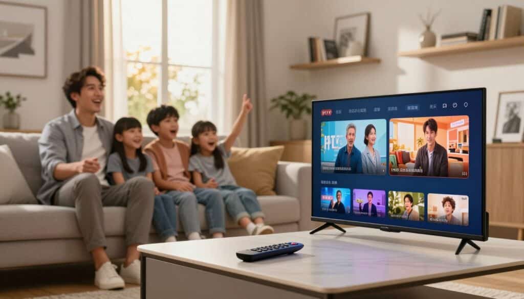 A modern living room scene showcasing IPTV streaming technology. In the foreground, a sleek smart TV displays vibrant streaming content, with a remote control resting on an elegant coffee table. A family of four—two parents in professional casual clothing and two children—are comfortably seated on a stylish sofa, their expressions filled with excitement and engagement as they enjoy their favorite show. In the middle ground, an open window allows warm afternoon sunlight to filter in, enhancing the cozy atmosphere of the room. Shelves in the background are adorned with books and decorative items, adding a personal touch. Capture this scene with soft, diffused lighting for a welcoming feel, and a shallow depth of field to emphasize the family and smart TV while slightly blurring the background.