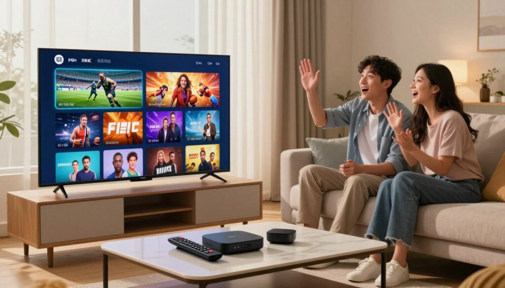 A modern living room setting showcasing a sleek smart TV displaying an IPTV interface, vibrant with colorful content thumbnails, including sports, movies, and channels. In the foreground, a stylish coffee table holds a remote control and a few streaming devices. The middle ground features a comfortable couch with a couple of individuals, a man and a woman, dressed in smart casual attire, engaged in choosing programs, exuding excitement. The background reveals large windows with soft daylight pouring in, creating a warm and inviting atmosphere. Use soft, diffused lighting to enhance the cozy feel. Capture the scene from a slightly elevated angle, showcasing the vibrancy of the IPTV experience and the joy of watching together as a family or friends.