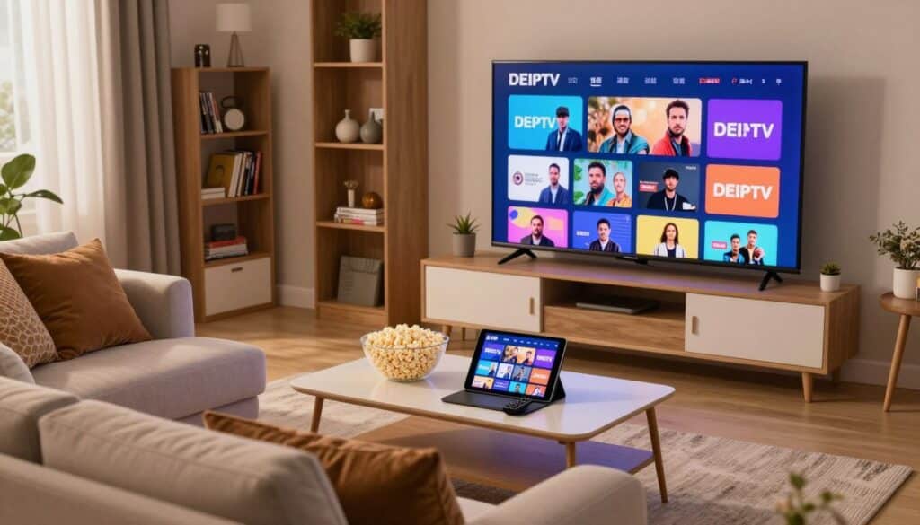 A modern living room setup showcasing a large flat-screen TV displaying a vibrant, colorful interface of top-rated DEIPTV services. In the foreground, a cozy couch adorned with cushions invites viewers to sit and enjoy streaming. In the middle ground, a stylish coffee table holds popcorn, a remote control, and a tablet displaying a list of available shows. The background includes bookshelves filled with DVDs and decorative items, along with soft ambient lighting enhancing the overall atmosphere. The scene is well-composed, captured from a slightly elevated angle to provide depth, reflecting a relaxed yet engaging mood. Warm color tones create a welcoming environment, perfect for entertainment.