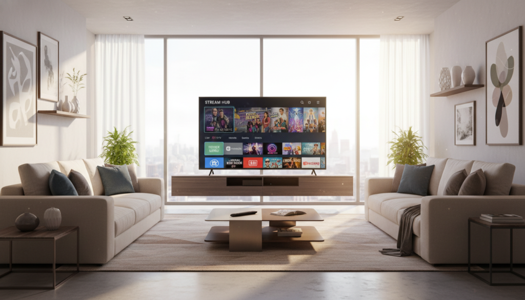 A modern living room showcasing internet protocol television experiences. In the foreground, a sleek, high-definition smart TV displays a vibrant, colorful streaming interface featuring various channel options and show thumbnails. In the middle, a comfortable sofa with plush cushions invites relaxation, with a remote control resting on a stylish coffee table. Behind the sofa, large windows let in soft, natural lighting, creating a warm and inviting atmosphere. The walls are adorned with subtle decorations reflecting a contemporary style. The overall mood is one of convenience and enjoyment, emphasizing the modern digital lifestyle. Use a slightly elevated angle to capture the entire room, with a focus on the TV and the cozy living environment.
