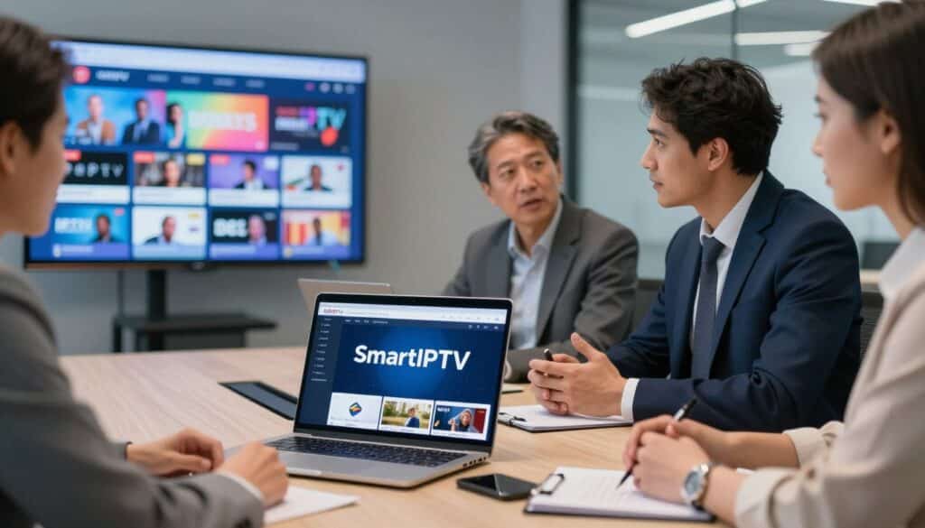 A modern office setting showcasing the evaluation of top IPTV services in the USA. In the foreground, a sleek conference table with a laptop displaying IPTV interfaces, featuring SmartIPTV and DEIPTV logos prominently. In the middle, a group of three diverse professionals—two men in smart business suits and a woman in business casual attire—discussing strategies and comparisons, engaging with data on the laptop screen. The background includes a large screen showing vibrant IPTV channel listings and graphics, representing various channels offered. Soft, ambient lighting enhances a professional yet inviting atmosphere. The image captures a sense of collaboration and innovation, suitable for evaluating top IPTV providers. The angle is slightly elevated, providing a comprehensive view of the interaction.