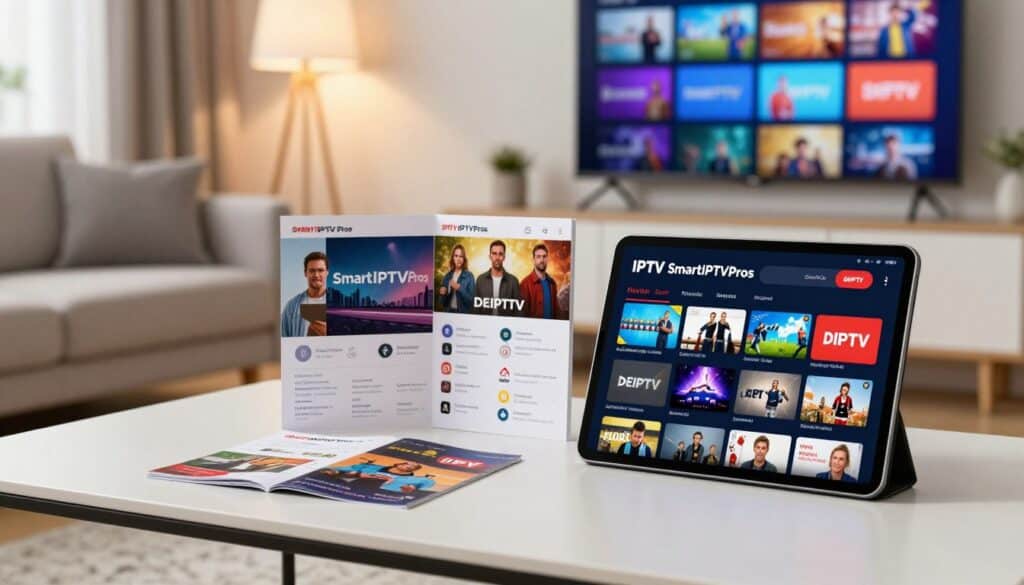 A modern, visually appealing collection of IPTV package offerings displayed on a sleek, contemporary living room table. In the foreground, a stylish tablet shows an interactive IPTV interface showcasing various channel options. In the middle, there are eye-catching brochures for IPTV packages from SmartIPTVPros and DEIPTV, with colorful images of popular shows and sports channels. The background features a cozy living room setting, complete with a soft sofa, a warm floor lamp casting a gentle glow, and a television mounted on the wall displaying a vibrant IPTV channel. The overall mood is inviting and informative, with a bright atmosphere that emphasizes the excitement of streaming entertainment in the USA. Natural lighting enhances the scene, creating a sense of comfort and engagement for potential viewers.