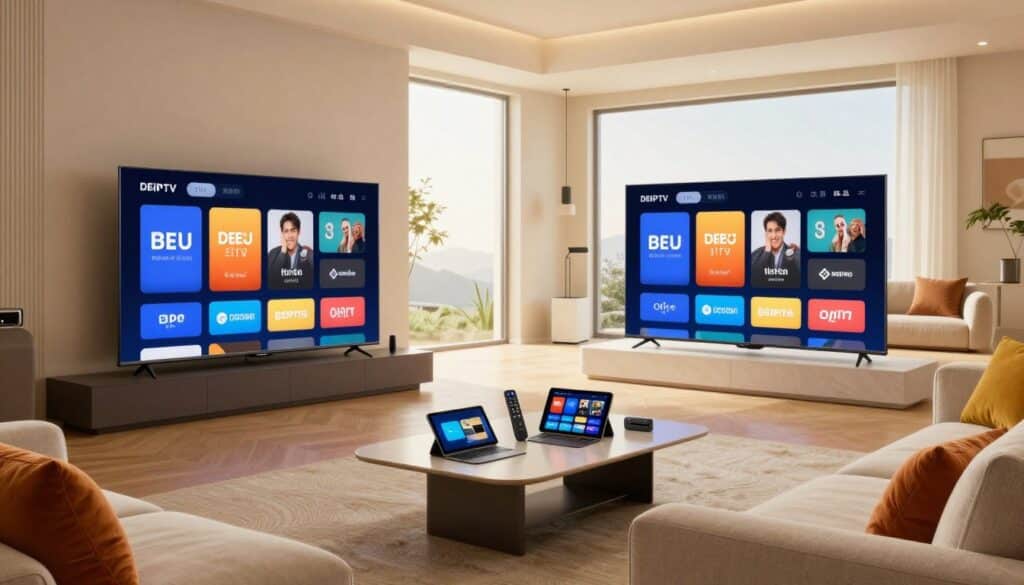 A sleek and modern living room interior filled with high-end technology showcasing various DEIPTV equipment and interfaces. In the foreground, a stylish flat-screen TV displays multiple streaming service logos in an organized layout. The middle ground features a chic coffee table with the latest smart devices, including tablets and remote controls, set against a plush sofa and vibrant cushions. The background reveals a large window with natural light streaming in, illuminating the space and creating a warm, inviting atmosphere. The overall mood conveys a sense of modern comfort and innovation in streaming solutions. Use soft, diffused lighting to enhance the cozy ambiance, with a wide-angle view to capture the entire scene.