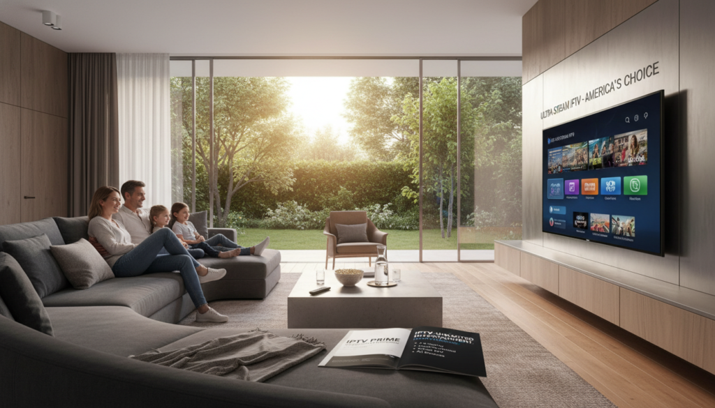 A sleek and modern living room scene emphasizing the concept of the best IPTV service in the USA. In the foreground, there is a stylish, high-definition smart TV displaying a user-friendly interface of various streaming channels. Beside it, a comfy sofa invites viewers to relax. The middle layer features an organized coffee table with a remote control, snacks, and a subscription brochure showcasing the benefits of IPTV services. In the background, large windows let in soft, warm light, illuminating lush greenery outside, creating a welcoming atmosphere. The mood is relaxed and inviting, perfect for family entertainment. The scene highlights the convenience and quality of IPTV, with an emphasis on comfort and technology.