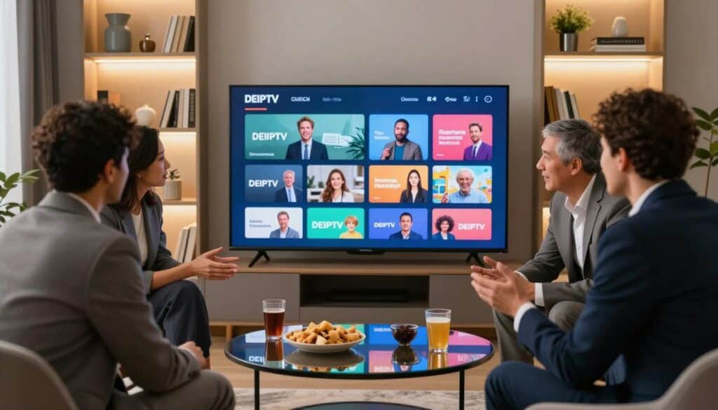 A sleek, modern living room scene featuring a large flat-screen TV displaying a vibrant, colorful user interface representing various DEIPTV services. In the foreground, a diverse group of three adults in professional business attire, focused on the screen, discussing the content selections with enthusiasm. The middle ground shows a stylish coffee table with snacks and drinks, reflecting a casual yet sophisticated atmosphere. In the background, cozy lighting accentuates shelves filled with books and decorative items, creating a warm and inviting vibe. Use soft, ambient lighting with a slight focus on the TV and the characters to emphasize their engagement. The composition should evoke a sense of excitement and discovery, perfect for illustrating the criteria for selecting the best DEIPTV provider.
