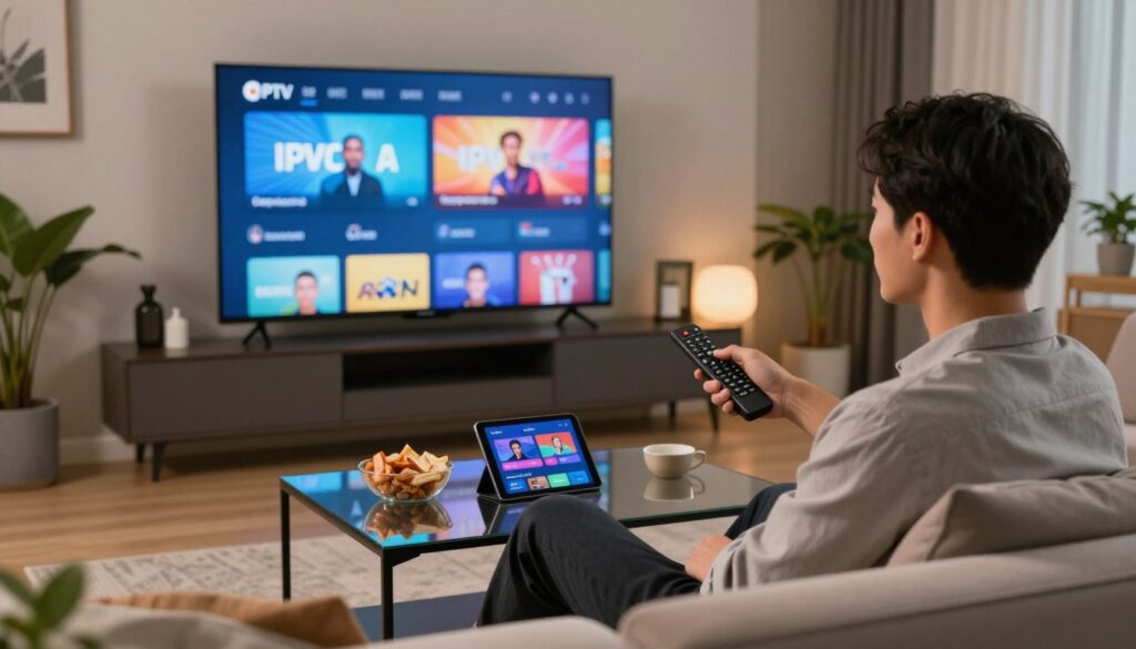 A sleek, modern living room setup featuring a high-definition television mounted on the wall, displaying a vibrant IPTV interface. In the foreground, a content user, dressed in smart casual attire, is comfortably seated on a stylish sofa, holding a remote control with a focused expression. The middle ground includes a sleek coffee table adorned with snacks and a tablet, reflecting the ease of streaming entertainment. In the background, soft atmospheric lighting creates a cozy ambiance, highlighting tasteful decor with potted plants and wall art. The scene is shot from a slightly low angle to emphasize the immersive viewing experience, conveying a mood of relaxation and enjoyment, suitable for a modern home entertainment setup.